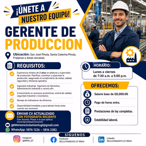 ¡Estamos contratando! Gerente de Producción con enfoque en mejora continua.