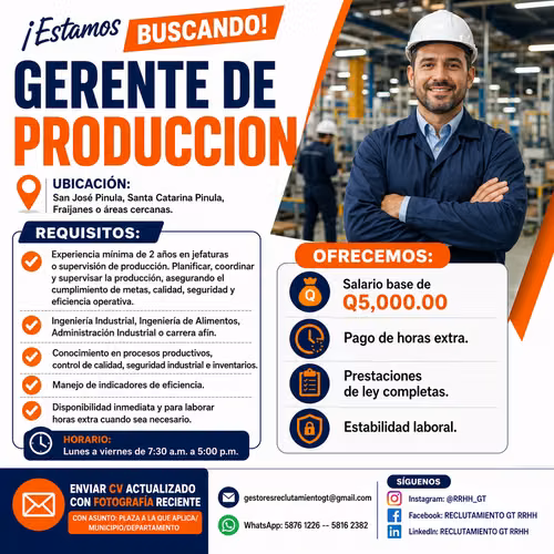 ¡Oportunidad de alto nivel! Jefe de Producción (Santa Rosa y alrededores).