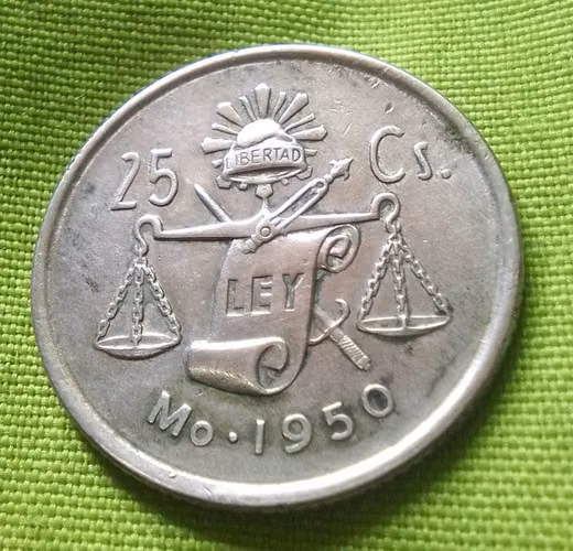 1950 Mo LIBERTAD BALANZA LEY 0.300 SILVER PLATA MÉXICO 25 CS MONEDA ANTIGUA