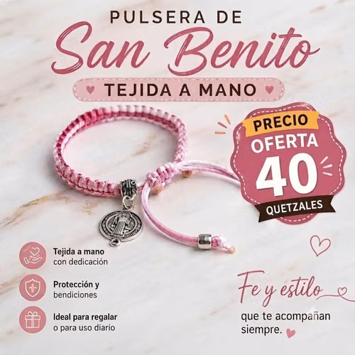 Pulsera de San Benito tejida a mano con hilo rosado - Imagen 1