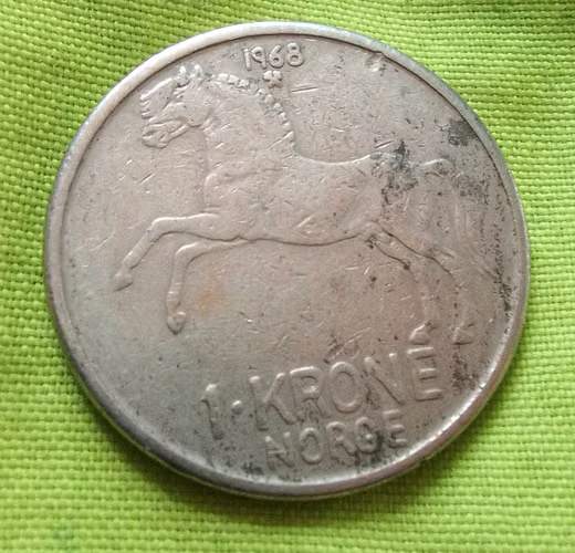 OLAV. V. R. REY OLAV V NORUEGA 1968 NORGE 1 KRONE MONEDA ANTIGUA ERROR  - Imagen 3