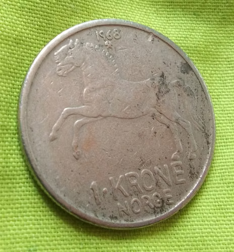 OLAV. V. R. REY OLAV V NORUEGA 1968 NORGE 1 KRONE MONEDA ANTIGUA ERROR  - Imagen 4