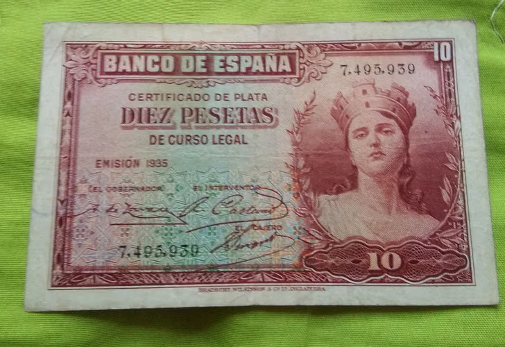 1935 ESPAÑA CERTIFICADO DE PLATA SILVER. DIEZ PESETAS BILLETE ANTIGUO ESPAÑOL 