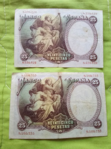 1931 ESPAÑA 25 VEINTICINCO PESETAS MADRID ESPAÑA 2 BILLETES ANTIGUOS 