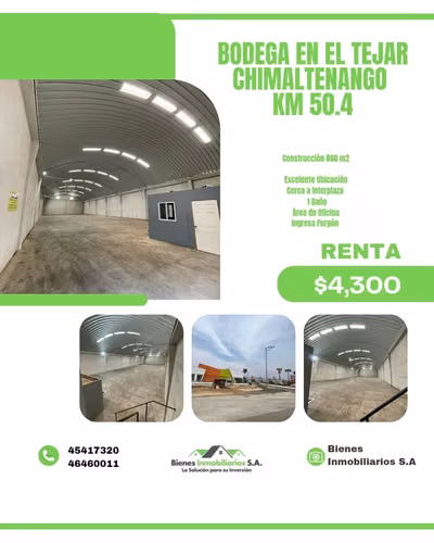 BODEGA EN RENTA – EL TEJAR, CHIMALTENANGO!   Km 50.4, cerca de Interplaza