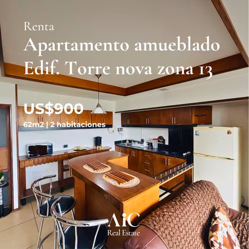 APTO. AMUEBLADO EN RENTA, EDIF. TORRE NOVA  62 MTS2, 2 DORMITORIOS, ZONA 13