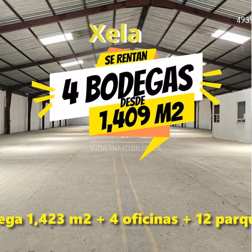 4 Bodegas en Quetzaltenango desde 1,409 m2 a 1,428 m2 + 3,000 m2 de parqueo