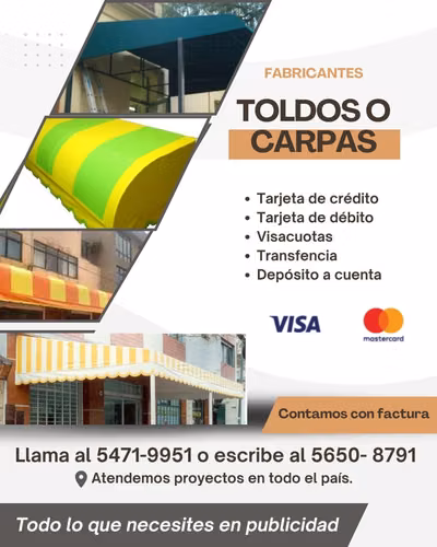 Toldos fijos con materiales industriales y publicidad impresa
