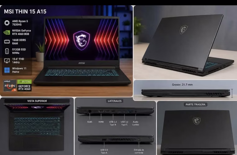 MSI Thin A15 portátil para videojuegos de 15.6” 144Hz FHD: Ryzen 5-7535HS, NVIDIA GeForce RTX 2T SSD