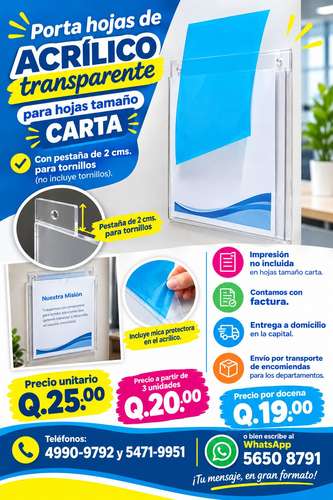 Porta hojas de acrílico transparente tamaño carta para pared