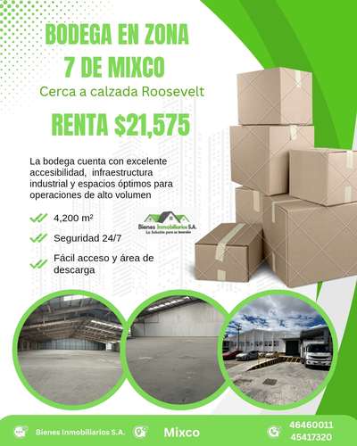 BODEGA AMPLIA EN RENTA EN ZONA 7 DE MIXCO CERCA A CALZADA ROOSEVELT