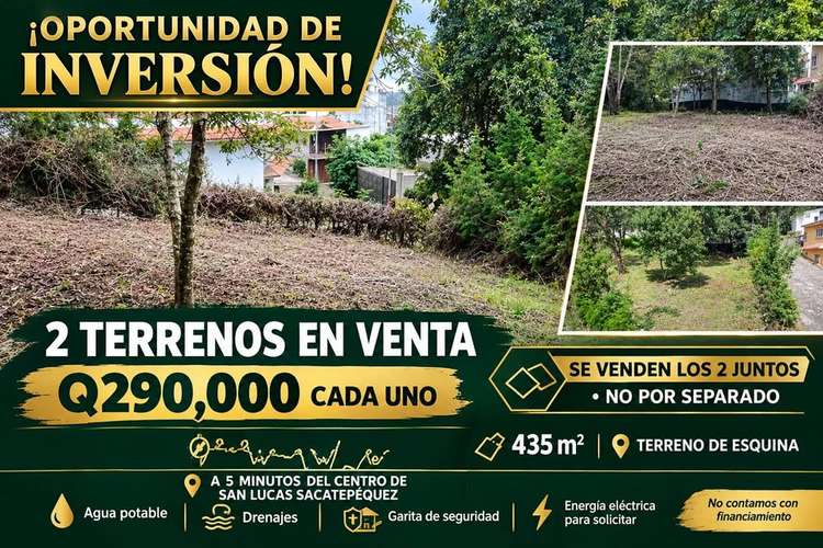 Vendo 2 Terrenos Juntos Q290,000.00 CADA UNO a 5 minutos del Centro de San Lucas Sacatepéquez