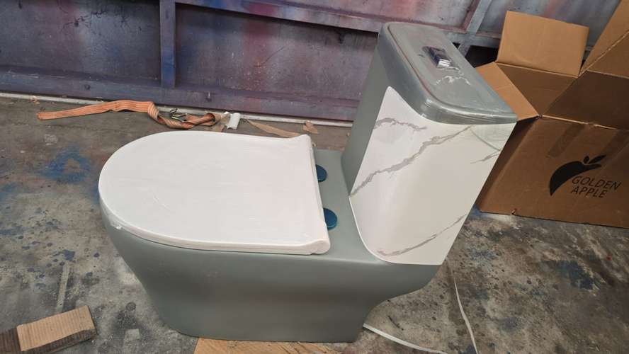 INODORO DE PORCELANA DE UNA PIEZA GRIS CON BLANCO