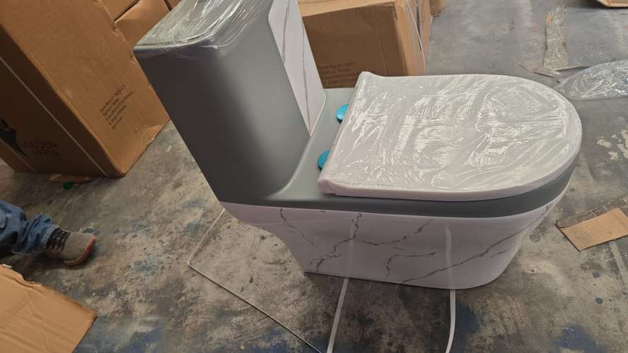INODORO DE PORCELANA DE UNA PIEZA GRIS CON BLANCO