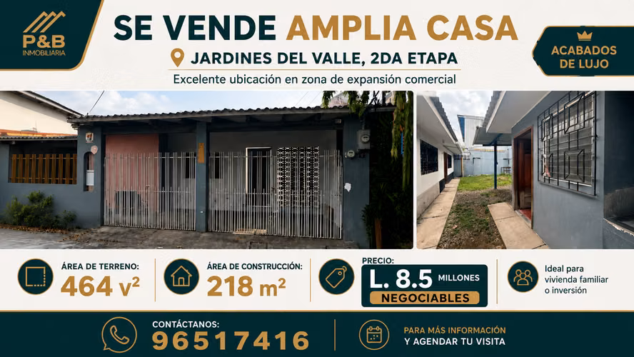 SE VENDE CASA EN JARDINES DEL VALLE 2NDA ETAPA L. 8.5 M NEGOCIABLE