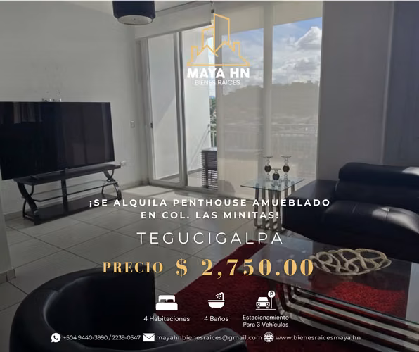¡Se alquila exclusivo Penthouse amueblado en Col. Las Minitas, Tegucigalpa!