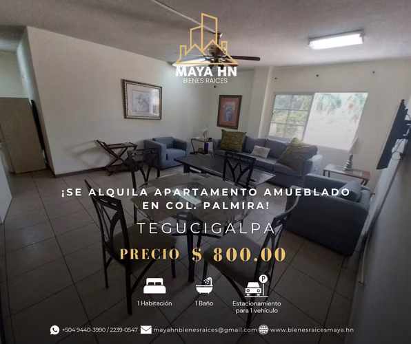 ¡Se alquila apartamento amueblado en Palmira, Tegucigalpa!