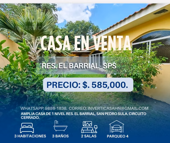 Se Vende Amplia casa de 1 Nivel en Res. El Barrial 