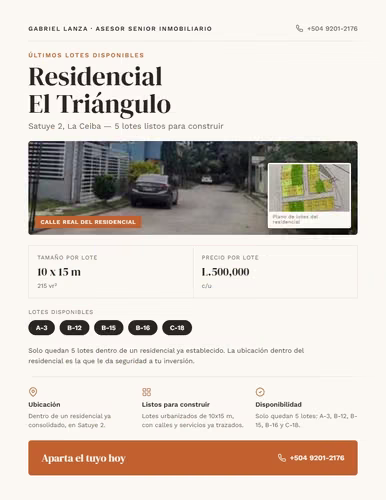 Lotes en Venta 10x15 m – Residencial El Triángulo, Satuye 2, La Ceiba – Últimos 5 Disponibles