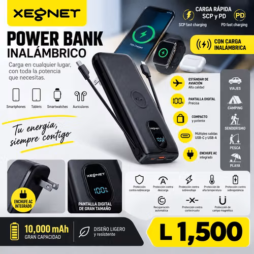 Power Bank XEGNET 10,000 mAh | Carga Inalámbrica + Carga Rápida PD + Enchufe Integrado