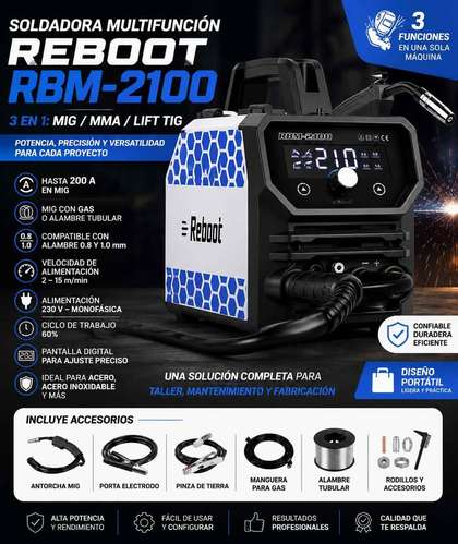  Soldadora Multifuncional 4 en 1 MIG / TIG / Electrodo – Reboot 210AMP