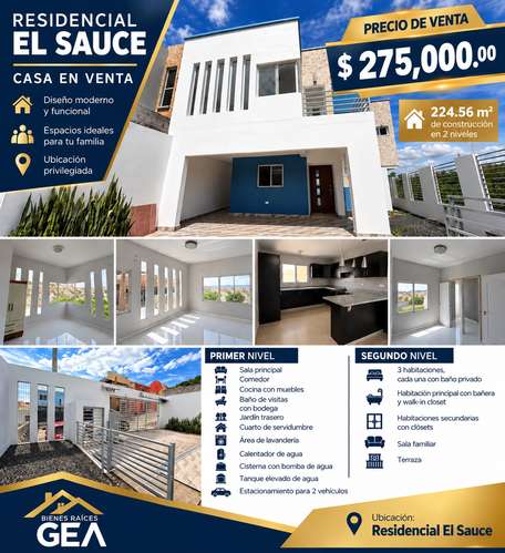  CASA EN VENTA EN RESIDENCIAL EL SAUCE | DISEÑO MODERNO Y 3 HABITACIONES CON SU BAÑO