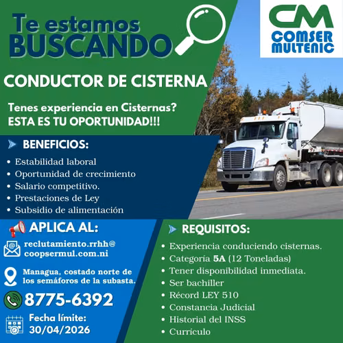 CONDUCTOR -CISTERNA -CATEGORIA 5A -MANAGUA