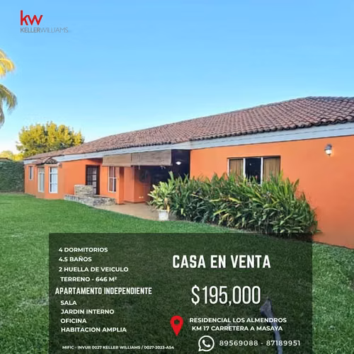  Casa en Venta en Residencial Los Almendros – Km 17 Carretera a Masaya