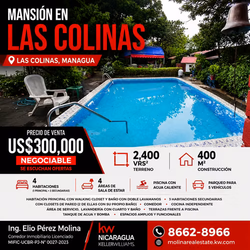 AMPLIA RESIDENCIA CON PISCINA EN LAS COLINAS, AMPLIO TERRENO 2,400 V²
