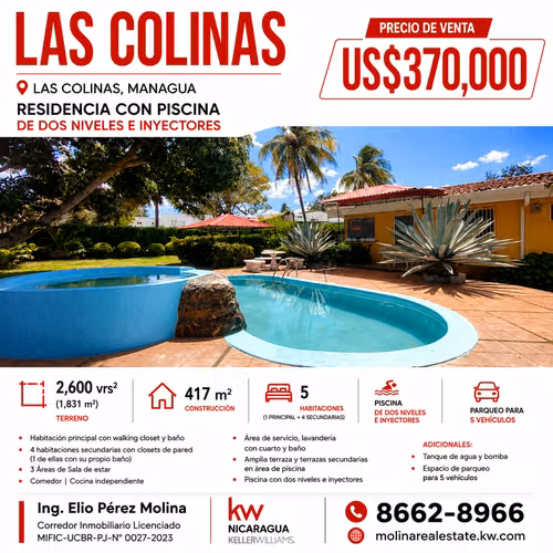 AMPLIA RESIDENCIA CON PISCINA EN LAS COLINAS, AMPLIO TERRENO 2,600 V²