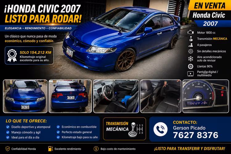 Honda Civic 2007 Motor 1.8 – Solo 154,212 Km, Mecánico y Listo para Rodar