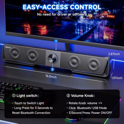 Barra de sonido para PC de escritorio o laptop con luz LED -  Jeecoo A40 - Bluetooth, Altavoces USB Plug & Play