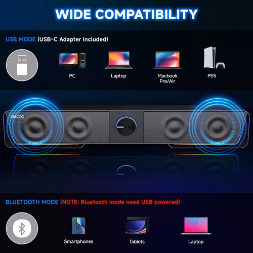 Barra de sonido para PC de escritorio o laptop con luz LED -  Jeecoo A40 - Bluetooth, Altavoces USB Plug & Play