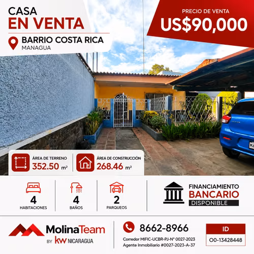  Casa en Venta | Barrio Costa Rica, Managua   Precio de venta: US$90,000