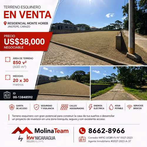 Terreno Esquinero en Venta | Residencial Monte Horeb, Jinotepe  Precio de venta: US$38,000 - Imagen 1