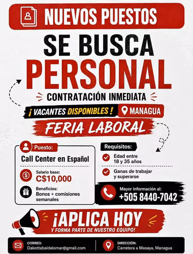 ¡No necesitas experiencia! Contratación inmediata en Managua