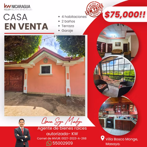 Casa en Venta en Villa Bosco Monge, Masaya – $75,000