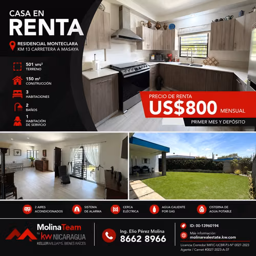 Casa en Renta en Residencial MonteClara, Km 13 Carretera a Masaya | US$800 mensuales - Imagen 1