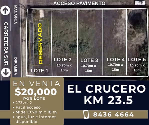 TERRENOS EN VENTA – EL CRUCERO, MANAGUA