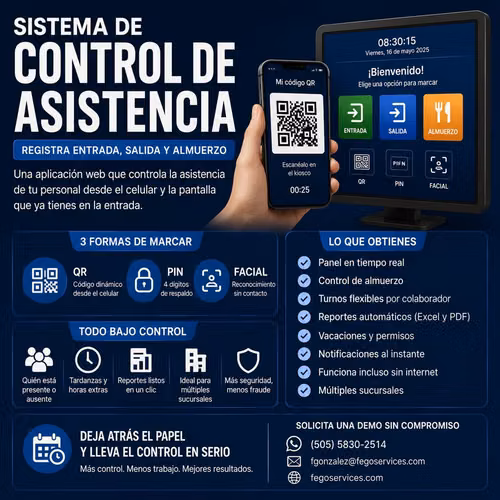 Control de asistencia laboral Biométrico , QR y Pin