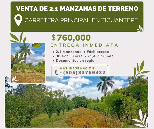 EM-Venta de 2.1 Manzanas de terreno en Ticuantepe