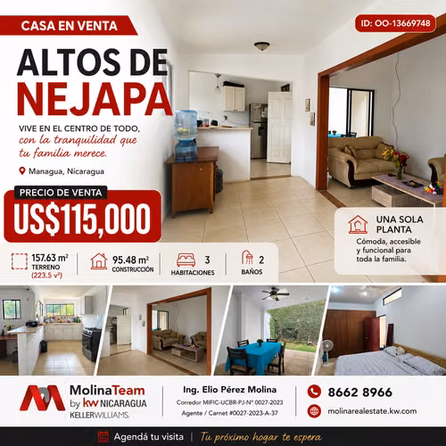 Casa en Venta en Altos de Nejapa, Managua – 3 Habitaciones | US$115,000