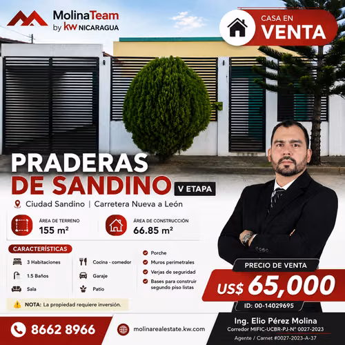 CASA EN VENTA – PRADERAS DE SANDINO V ETAPA | CIUDAD SANDINO