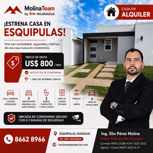 CASA NUEVA EN ALQUILER – ESQUIPULAS, MANAGUA   ¡Estrena casa en condominio!