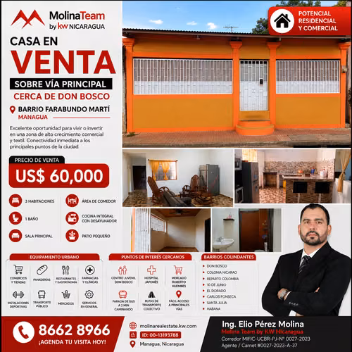  Casa en Venta Barrio Farabundo Martí, Managua | US$60,000 | Cerca de Don Bosco