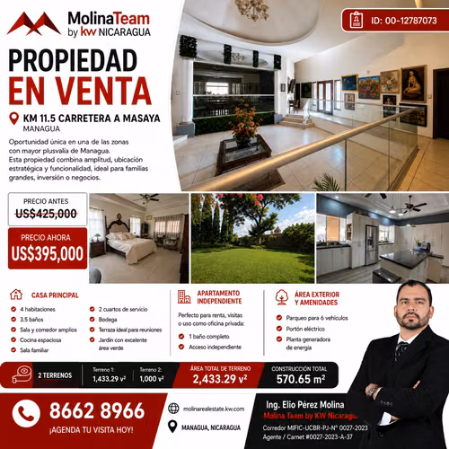 Propiedad en Venta en Carretera a Masaya | 2,433 v² de Terreno + Apartamento Independiente