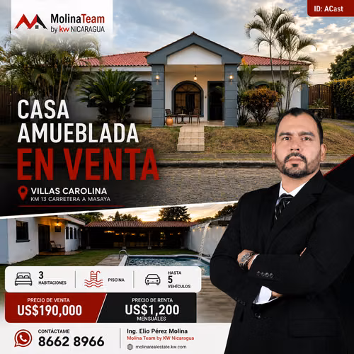 Casa Amueblada con Piscina en Villas Carolina | Renta US$1,200 | Venta US$190,000