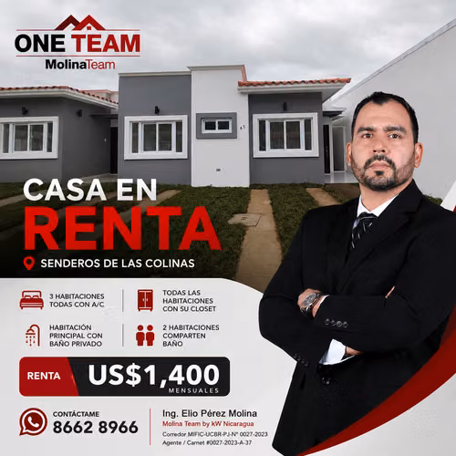 Casa en Renta en Senderos de Las Colinas | 3 Habitaciones con A/C | US$1,400