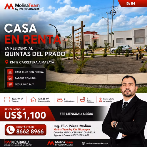 CASA ESQUINERA EN RENTA – QUINTAS DEL PRADO | CARRETERA A MASAYA KM 12