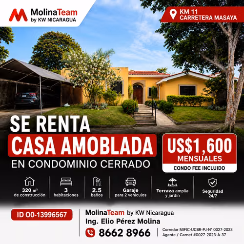 Casa Amoblada en Alquiler en Condominio Cerrado – Km 11 Carretera Masaya | US$1,800